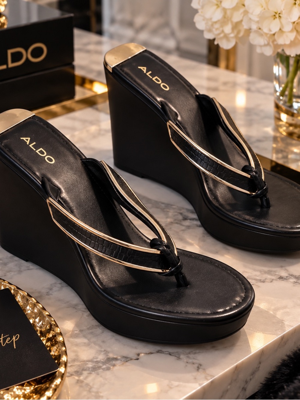 Aldo Black Wedge Thong Sandals with Gold Trim